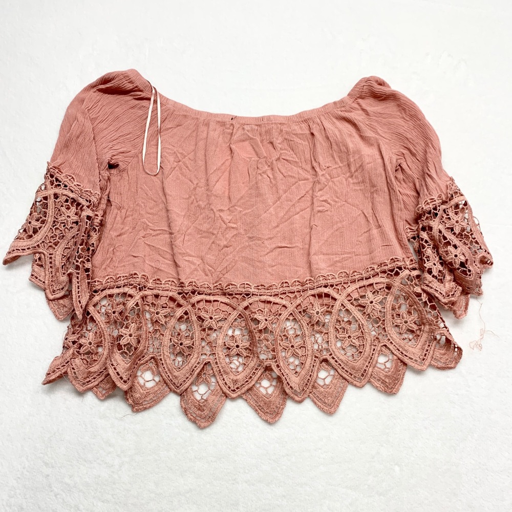 Ambiance Crochet Lace Off Shoulder‎ Blouse Womens Size S Pink Boho Rayon Top